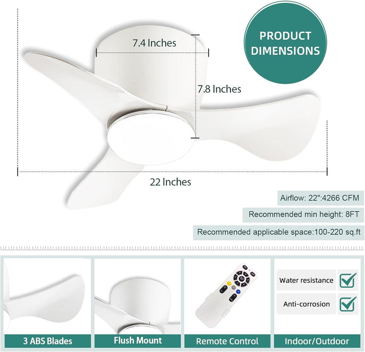 22 in. Small Ceiling Fan with Light, White Reversible Low Profile Ceiling Fan for Kitchen Bedroom Dining Room-3-ErisView