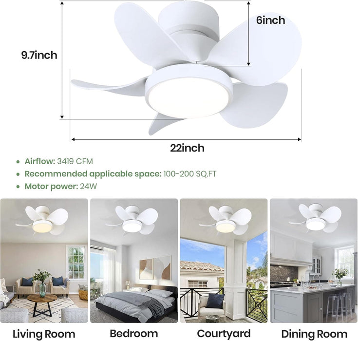 22 in. Small White Ceiling Fan with Light, Dimmable Reversible Flush Mount Low Profile Ceiling Fan with Remote for Bedroom Kitchen -4-ErisView