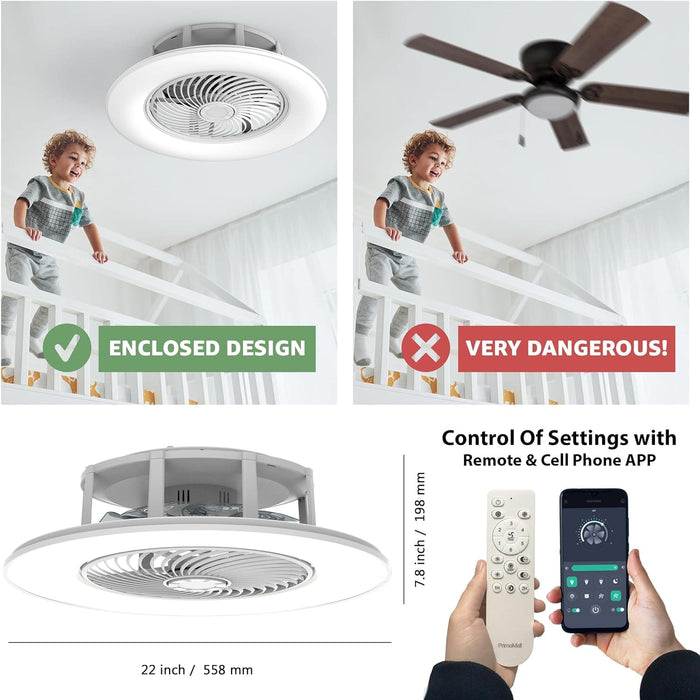 22 in. Smart LED Low Profile Enclosed Ceiling Fan, Modern Flush Mount Bladeless Ceiling Fan and Remote Control-2-ErisView