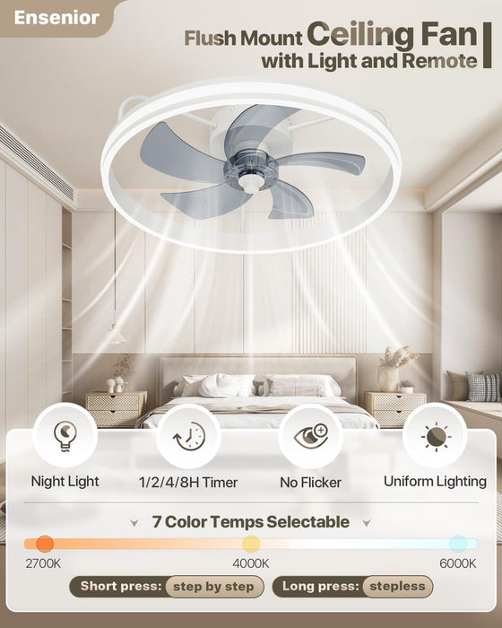 22 in. White Flush Mount Ceiling Fan with Light and Remote, Dimmable Low Profile Ceiling Fan, Modern LED Fan Light, Bedroom Ceiling Fans-2-ErisView