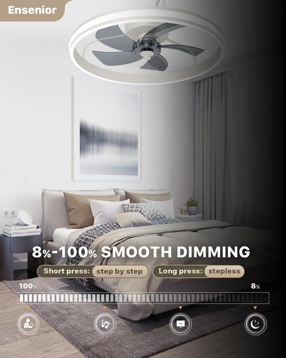 22 in. White Flush Mount Ceiling Fan with Light and Remote, Dimmable Low Profile Ceiling Fan, Modern LED Fan Light, Bedroom Ceiling Fans-4-ErisView