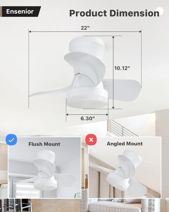 22 in. White Small Ceiling Fan with Light and Remote, Flush Mount Low Profile Ceiling Fan for Bedroom Living Room-5-ErisView