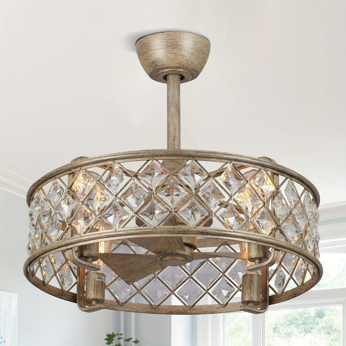22.5 in. Bladeless Round Ceiling Fan with Crystal Caged, Crystal Ceiling Fan with 4-Light Remote Control-ErisView