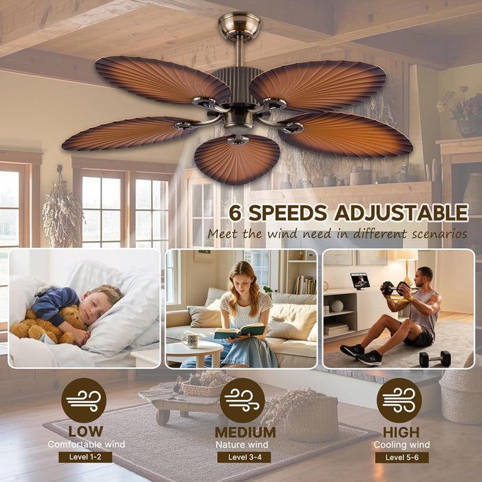 52 in. Indoor Outdoor Ceiling Fan Without Lights, Tropical Coffee Finish Palm Leaf Blades Remote Control, Reversible Quiet Motor, for Patio, Porch, Living Room Low Profile Ceiling Fan