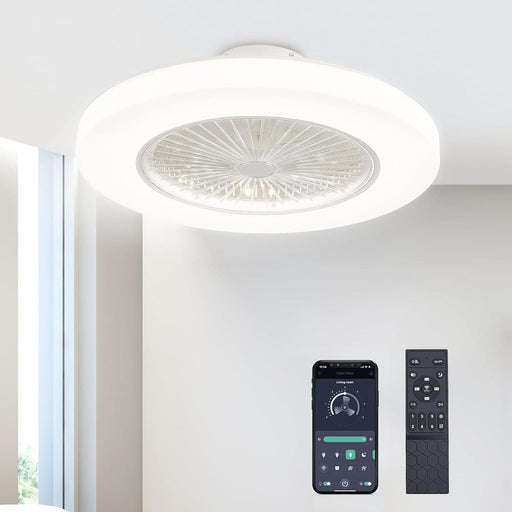 23 in. White Enclosed Ceiling Fan with Lights and Remote, Modern Low Profile Flush Mount Ceiling Fan for Bedroom Kitchen Living Room Fan-1-ErisView