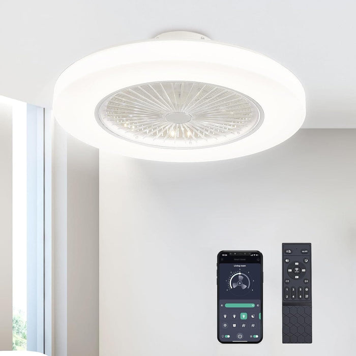 23 in. White Enclosed Ceiling Fan with Lights and Remote, Modern Low Profile Flush Mount Ceiling Fan for Bedroom Kitchen Living Room Fan-1-ErisView