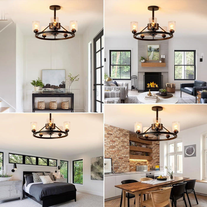 24 in. Black Wagon Wheel Chandelier, Modern Ceiling Fan with Light and Remote Wall Switch-4-ErisView