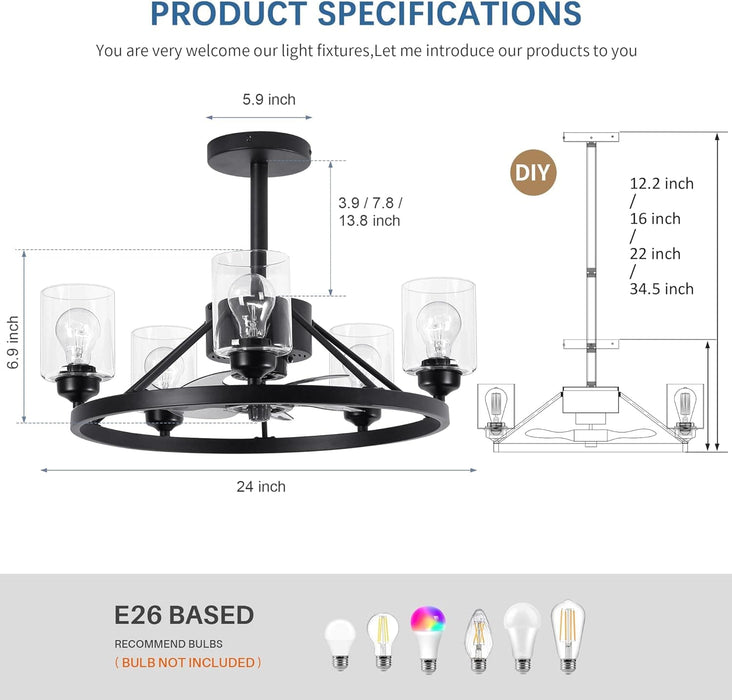 24 in. Black Wagon Wheel Chandelier, Modern Ceiling Fan with Light and Remote Wall Switch-5-ErisView