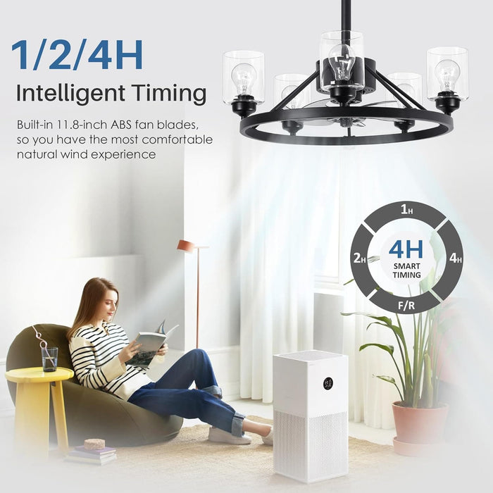 24 in. Black Wagon Wheel Chandelier, Modern Ceiling Fan with Light and Remote Wall Switch-6-ErisView