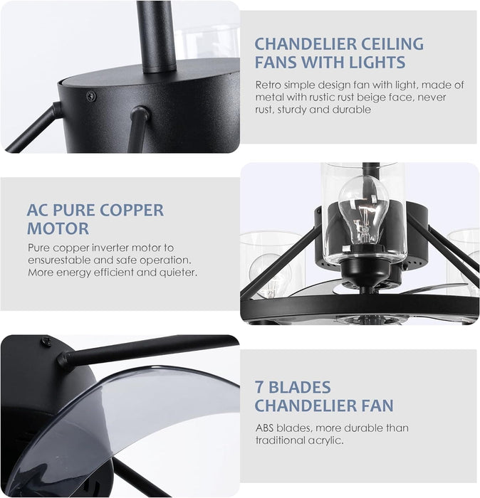 24 in. Black Wagon Wheel Chandelier, Modern Ceiling Fan with Light and Remote Wall Switch-7-ErisView
