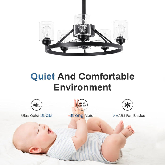 24 in. Black Wagon Wheel Chandelier, Modern Ceiling Fan with Light and Remote Wall Switch-9-ErisView