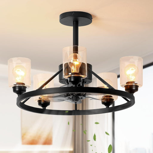 24 in. Black Wagon Wheel Chandelier, Modern Ceiling Fan with Light and Remote Wall Switch-1-ErisView