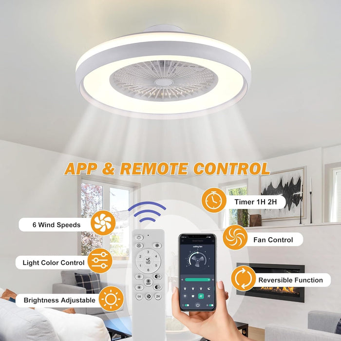 24 in. Low Profile Ceiling Fan and Light, Modern Ceiling Fan without Blades, Smart Flush Mount Enclosed Ceiling Fan with Remote APP Control-4-ErisView