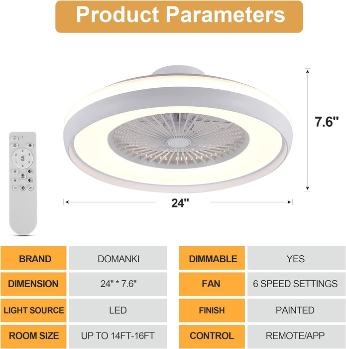 24 in. Low Profile Ceiling Fan and Light, Modern Ceiling Fan without Blades, Smart Flush Mount Enclosed Ceiling Fan with Remote APP Control-6-ErisView