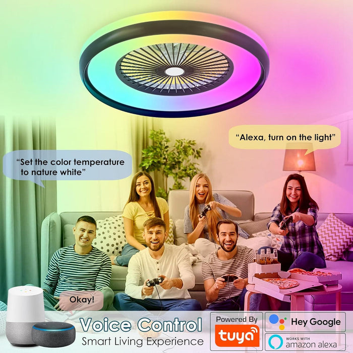 24 in. Low Profile Ceiling Fan with Lights, Smart RGB Ceiling Fan with Alexa/Google Assistant/APP Control, Bladeless Flush Mount Enclosed Ceiling Fan-2-ErisView