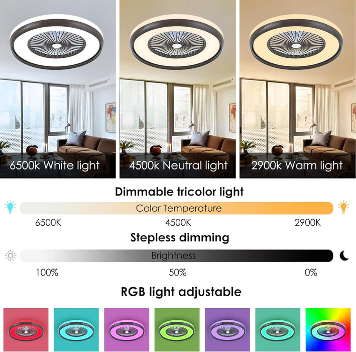 24 in. Low Profile Ceiling Fan with Lights, Smart RGB Ceiling Fan with Alexa/Google Assistant/APP Control, Bladeless Flush Mount Enclosed Ceiling Fan-6-ErisView