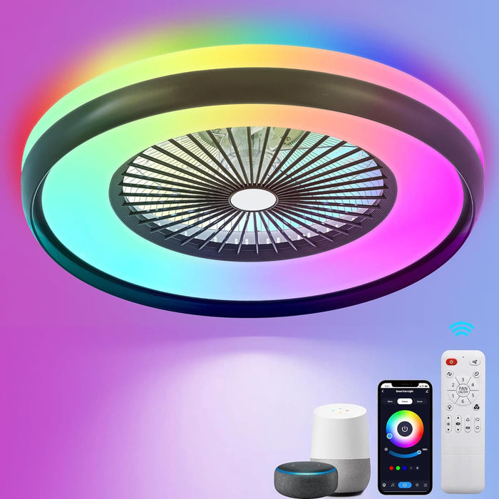 24 in. Low Profile Ceiling Fan with Lights, Smart RGB Ceiling Fan with Alexa/Google Assistant/APP Control, Bladeless Flush Mount Enclosed Ceiling Fan-1-ErisView