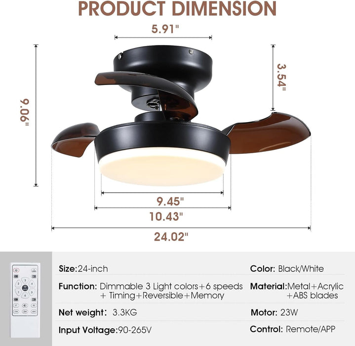 24 in. Modern Retractable Bladeless Ceiling Fan with Light and Remote, Small Black Low Profile Flush Mount Ceiling Fan for Bedroom Kitchen -2-ErisView