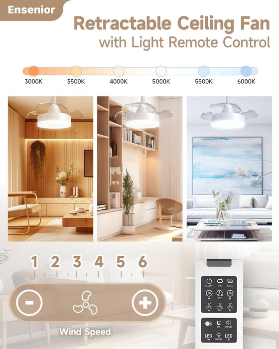 24 in. Retractable Ceiling Fan with Light and Remote, White Dimmable Retractable Ceiling Light for Bedroom Living Room-2-ErisView