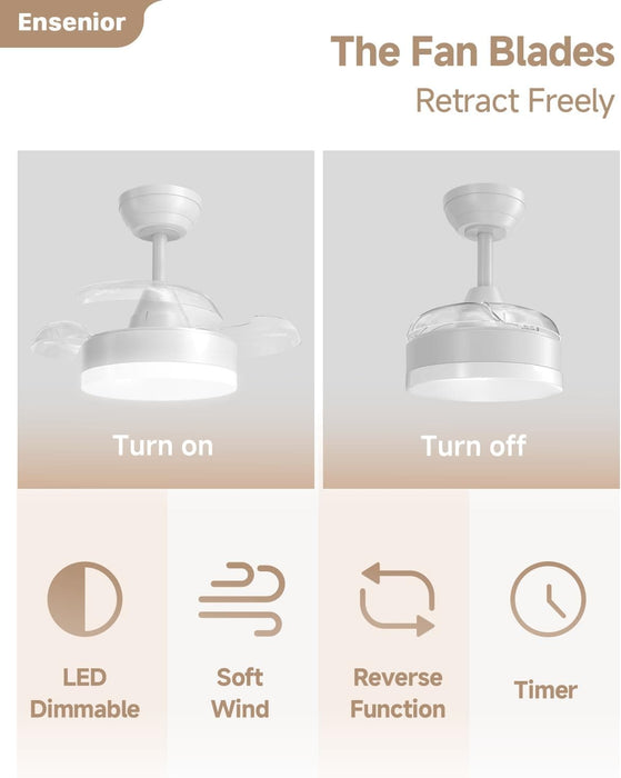 24 in. Retractable Ceiling Fan with Light and Remote, White Dimmable Retractable Ceiling Light for Bedroom Living Room-3-ErisView