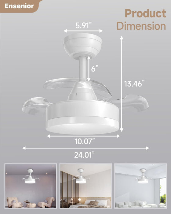 24 in. Retractable Ceiling Fan with Light and Remote, White Dimmable Retractable Ceiling Light for Bedroom Living Room-5-ErisView