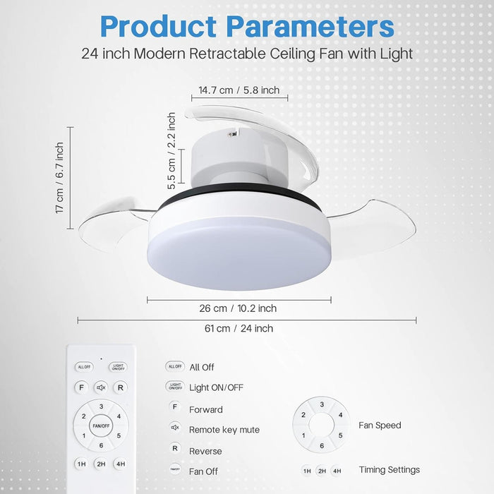 24 in. White Modern Bladeless Ceiling Fan with LED Light and Remote Control, Low Profile Flush Mount Ceiling Fan for Kitchen Bedroom Dining Room -3-ErisView