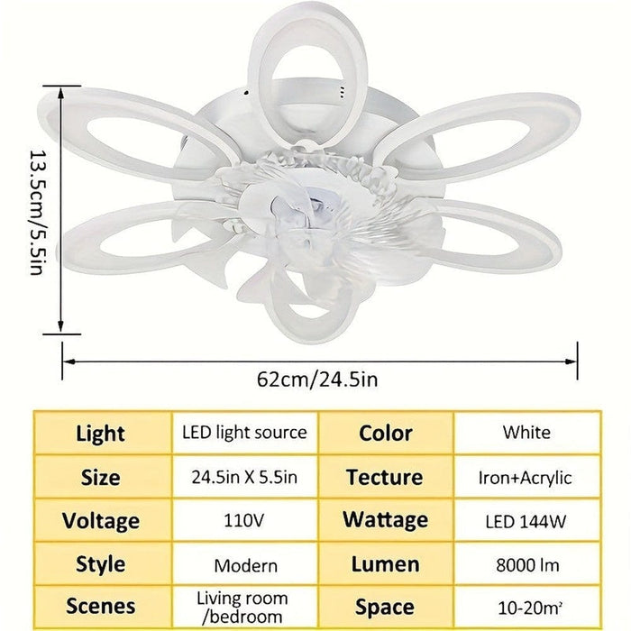 24.5 in. Modern Flower-Shaped LED Ceiling Fan with Light and Remote, Indoor White Flush Mount Ceiling Fan Ceiling Fan Fandelier-ErisView