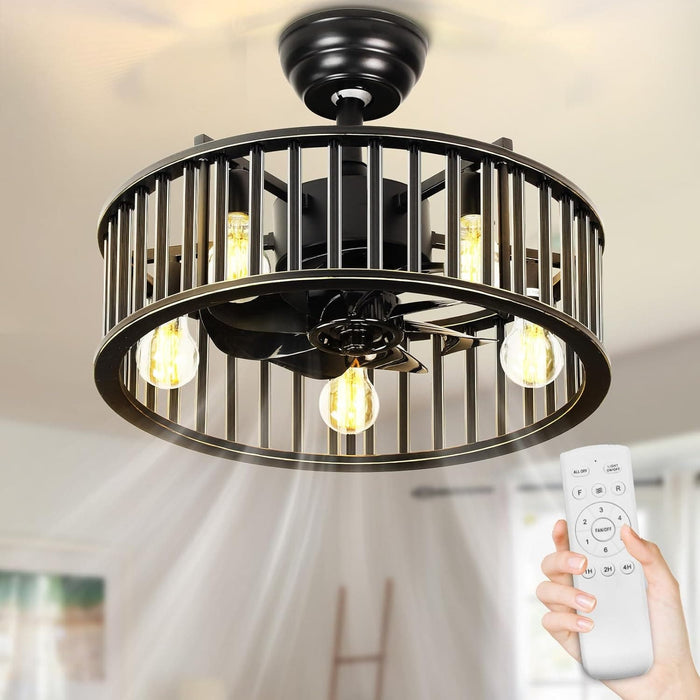26 in. Caged Farmhouse Industrial Ceiling Fan with Lights, Matte Black Indoor Outdoor Flush Mount Ceiling Fan with Remote-10-ErisView