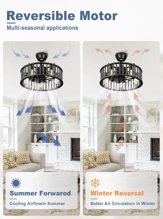 26 in. Caged Farmhouse Industrial Ceiling Fan with Lights, Matte Black Indoor Outdoor Flush Mount Ceiling Fan with Remote-11-ErisView