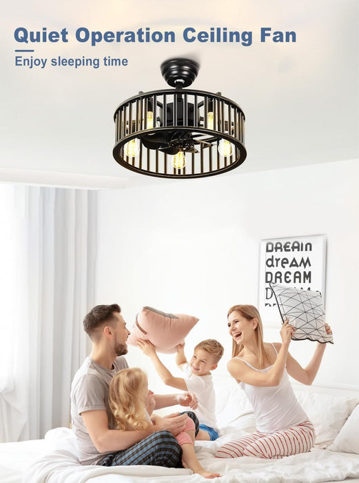 26 in. Caged Farmhouse Industrial Ceiling Fan with Lights, Matte Black Indoor Outdoor Flush Mount Ceiling Fan with Remote-13-ErisView
