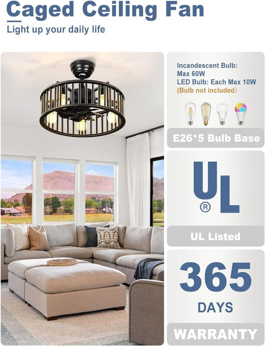 26 in. Caged Farmhouse Industrial Ceiling Fan with Lights, Matte Black Indoor Outdoor Flush Mount Ceiling Fan with Remote-14-ErisView