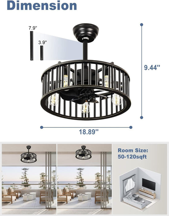 26 in. Caged Farmhouse Industrial Ceiling Fan with Lights, Matte Black Indoor Outdoor Flush Mount Ceiling Fan with Remote-15-ErisView