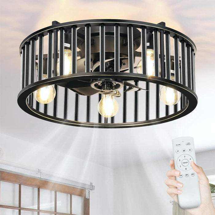26 in. Caged Farmhouse Industrial Ceiling Fan with Lights, Matte Black Indoor Outdoor Flush Mount Ceiling Fan with Remote-18-ErisView