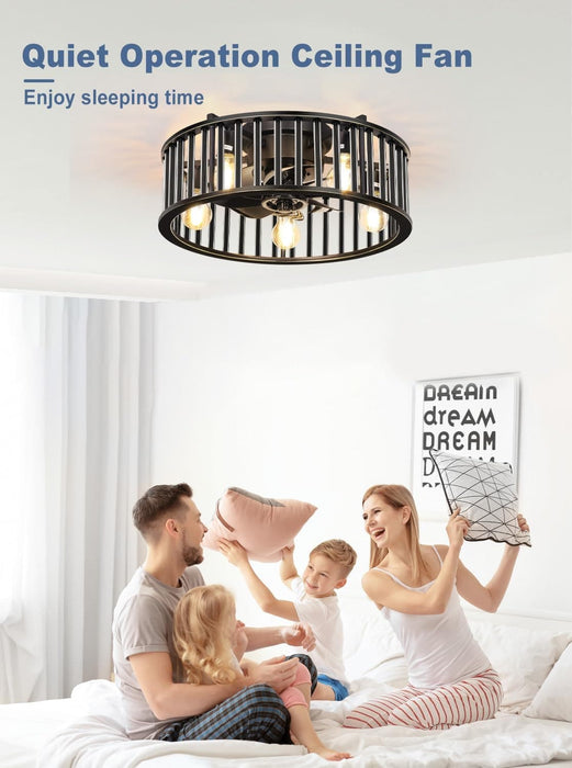 26 in. Caged Farmhouse Industrial Ceiling Fan with Lights, Matte Black Indoor Outdoor Flush Mount Ceiling Fan with Remote-21-ErisView