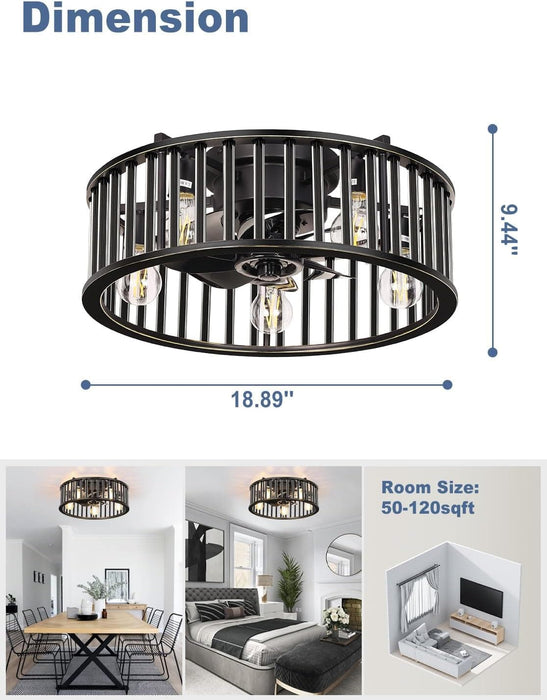 26 in. Caged Farmhouse Industrial Ceiling Fan with Lights, Matte Black Indoor Outdoor Flush Mount Ceiling Fan with Remote-23-ErisView
