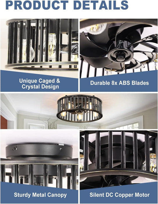 26 in. Caged Farmhouse Industrial Ceiling Fan with Lights, Matte Black Indoor Outdoor Flush Mount Ceiling Fan with Remote-24-ErisView