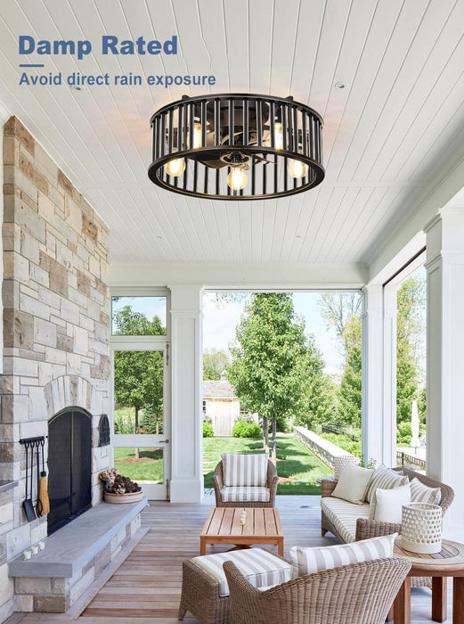 26 in. Caged Farmhouse Industrial Ceiling Fan with Lights, Matte Black Indoor Outdoor Flush Mount Ceiling Fan with Remote-25-ErisView