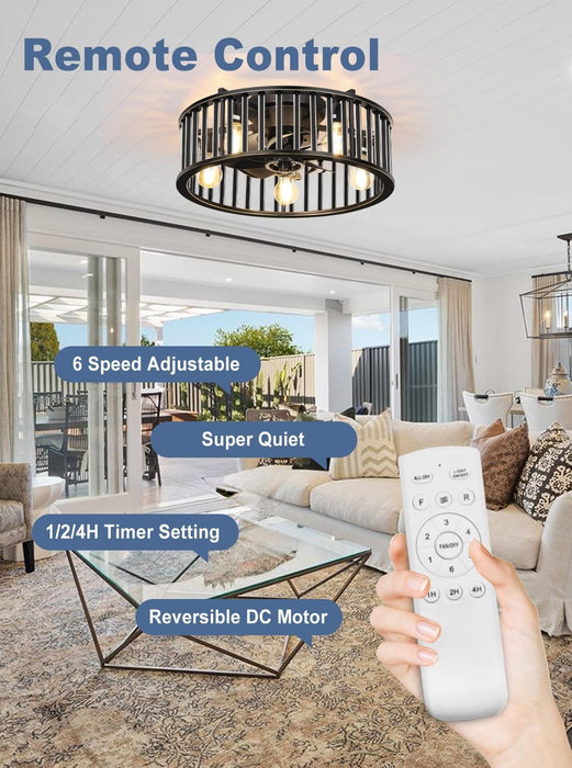 26 in. Caged Farmhouse Industrial Ceiling Fan with Lights, Matte Black Indoor Outdoor Flush Mount Ceiling Fan with Remote-26-ErisView