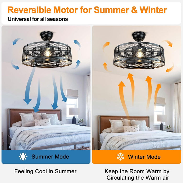 26 in. Caged Farmhouse Industrial Ceiling Fan with Lights, Matte Black Indoor Outdoor Flush Mount Ceiling Fan with Remote-28-ErisView