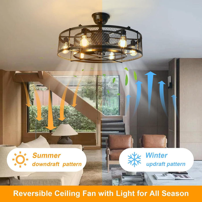 26 in. Caged Farmhouse Industrial Ceiling Fan with Lights, Matte Black Indoor Outdoor Flush Mount Ceiling Fan with Remote-2-ErisView