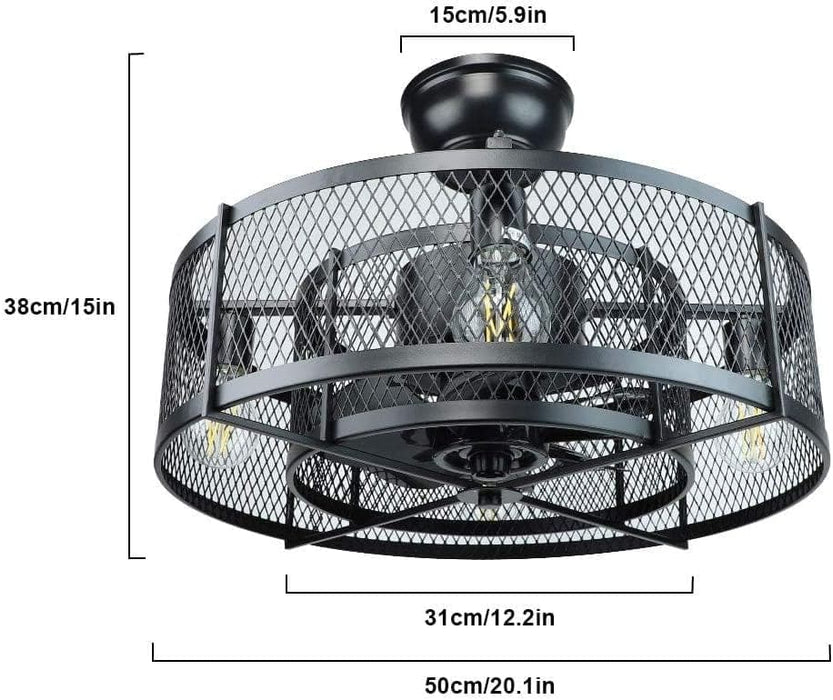 26 in. Caged Farmhouse Industrial Ceiling Fan with Lights, Matte Black Indoor Outdoor Flush Mount Ceiling Fan with Remote-31-ErisView