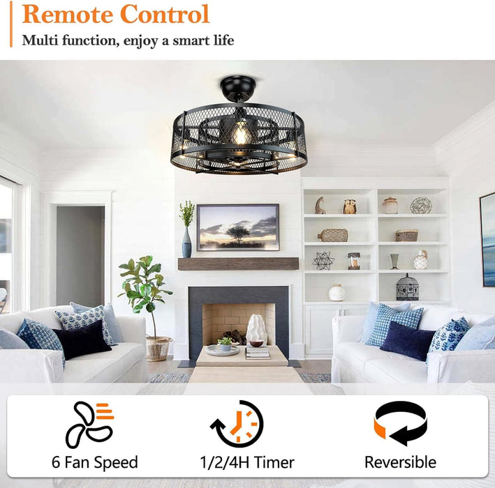 26 in. Caged Farmhouse Industrial Ceiling Fan with Lights, Matte Black Indoor Outdoor Flush Mount Ceiling Fan with Remote-32-ErisView