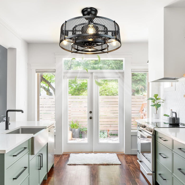 26 in. Caged Farmhouse Industrial Ceiling Fan with Lights, Matte Black Indoor Outdoor Flush Mount Ceiling Fan with Remote-33-ErisView