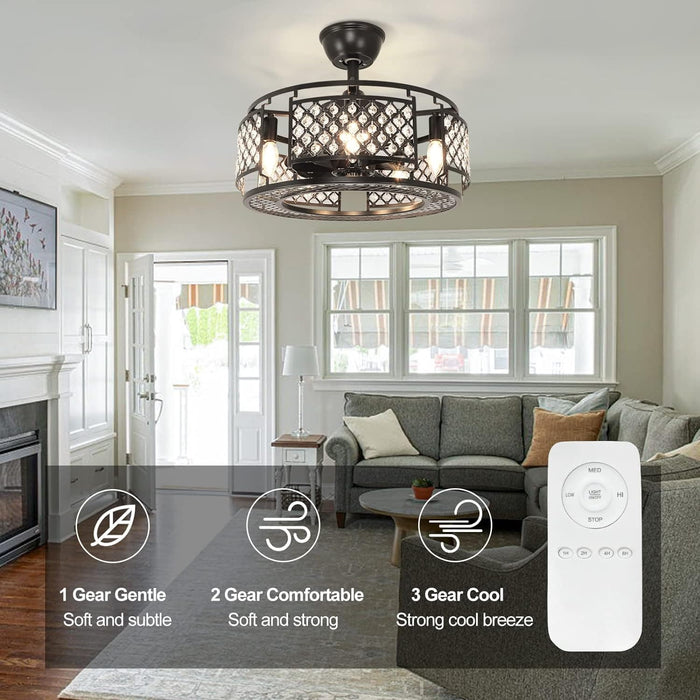 26 in. Caged Farmhouse Industrial Ceiling Fan with Lights, Matte Black Indoor Outdoor Flush Mount Ceiling Fan with Remote-36-ErisView