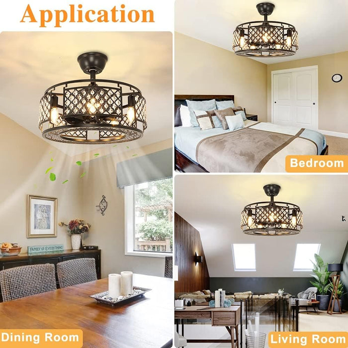 26 in. Caged Farmhouse Industrial Ceiling Fan with Lights, Matte Black Indoor Outdoor Flush Mount Ceiling Fan with Remote-42-ErisView