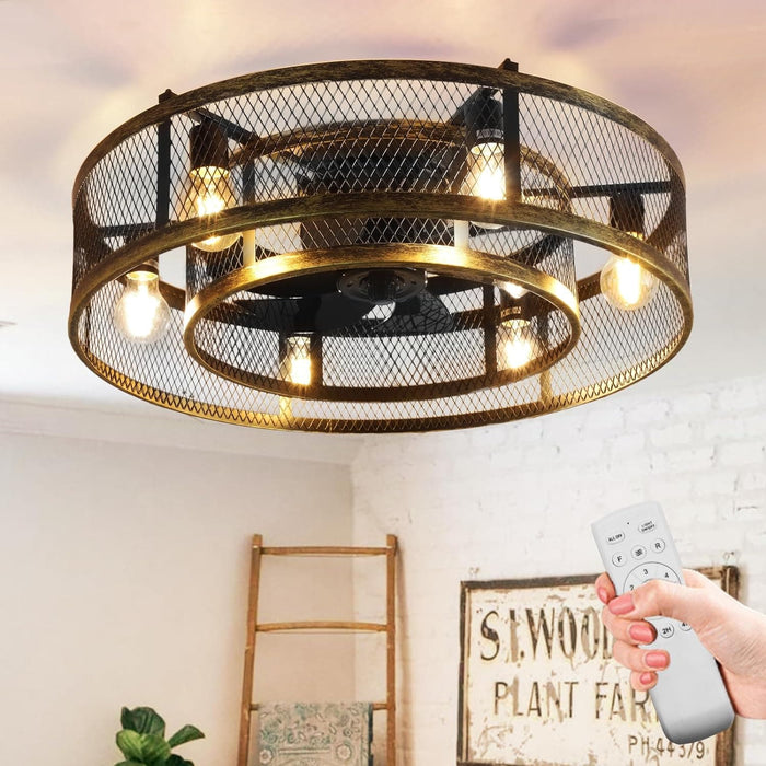 26 in. Caged Farmhouse Industrial Ceiling Fan with Lights, Matte Black Indoor Outdoor Flush Mount Ceiling Fan with Remote-43-ErisView