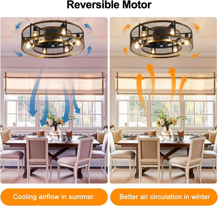 26 in. Caged Farmhouse Industrial Ceiling Fan with Lights, Matte Black Indoor Outdoor Flush Mount Ceiling Fan with Remote-44-ErisView
