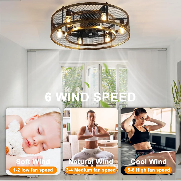 26 in. Caged Farmhouse Industrial Ceiling Fan with Lights, Matte Black Indoor Outdoor Flush Mount Ceiling Fan with Remote-45-ErisView