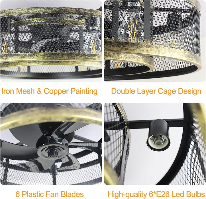 26 in. Caged Farmhouse Industrial Ceiling Fan with Lights, Matte Black Indoor Outdoor Flush Mount Ceiling Fan with Remote-48-ErisView