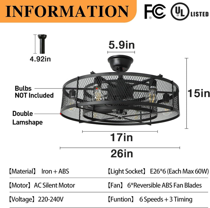 26 in. Caged Farmhouse Industrial Ceiling Fan with Lights, Matte Black Indoor Outdoor Flush Mount Ceiling Fan with Remote-4-ErisView